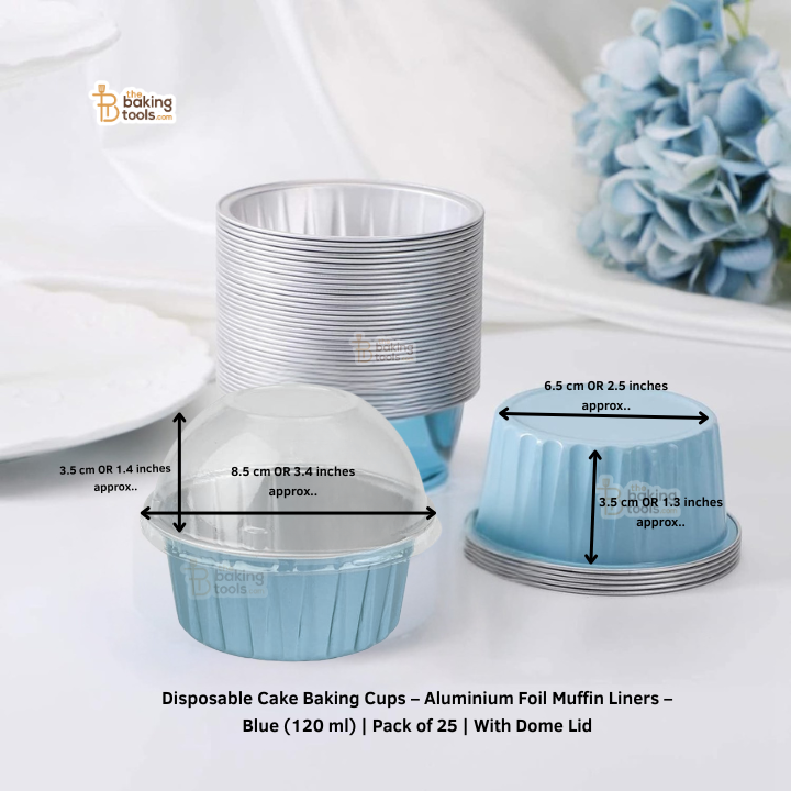 Disposable Cake Baking Cups – Aluminium Foil Muffin Liners – Blue (120 ml) | Pack of 25 | With Dome Lid